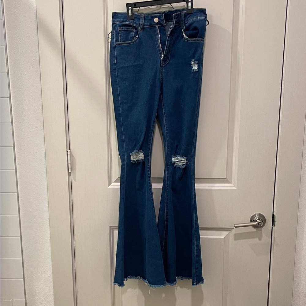 SHEIN Dark Blue Distressed Flare Jeans